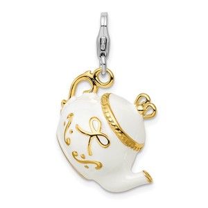 925 Silver & Gold-plated 3-D White Enameled Tea Pot Bracelet Charm Lobster Clasp